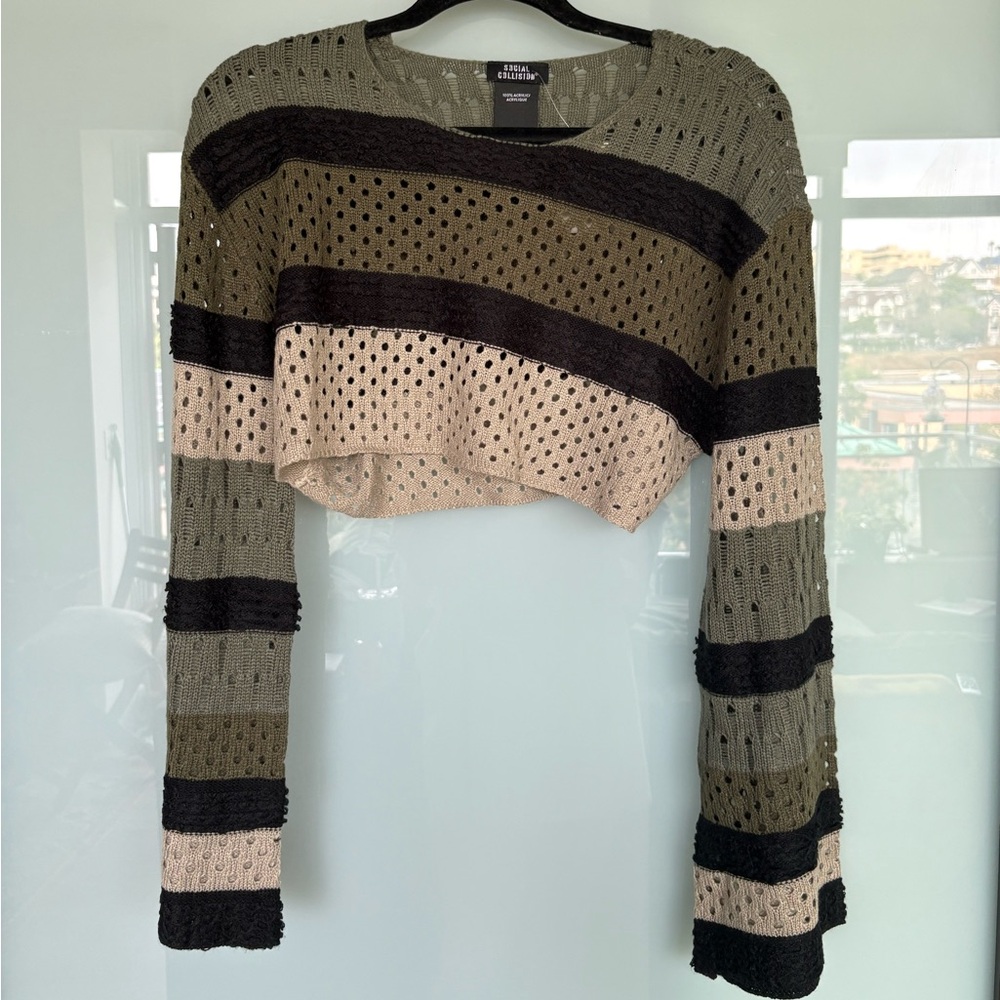 Hot Topic Cropped Open-Knit Stripe Sweater - Olive, Black, Grey